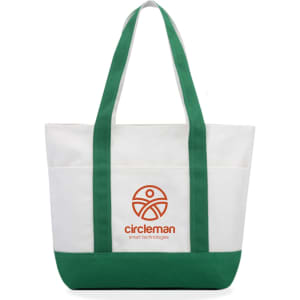 A medium canvas tote bag in white and green, featuring a logo on the front.