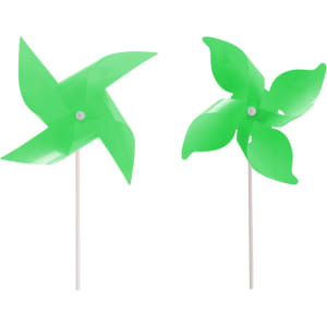 A vibrant green four-leaf pinwheel with a white stick, featuring two playful pinwheel designs.