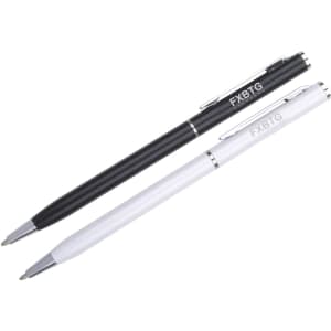 Two Aluminium Cross Pens in black and white, featuring metal accents and a branding logo.