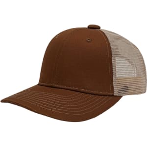 A brown trucker hat featuring a mesh back and a curved peak. The hat has stitching details and a logo on the front.