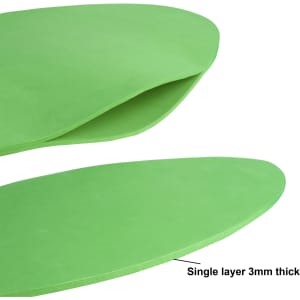 A green foam mitt with a smooth surface and a single layer, 3mm thick, featuring a rounded shape.