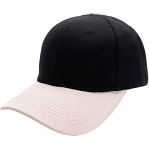 A black and light pink 6-panel adjustable baseball cap with a curved brim and a logo on the front.