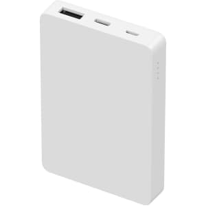 A square, white 5000mAh power bank with USB and USB-C ports and a logo on the surface.