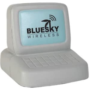 A grey computer-shaped stress reliever featuring a blue screen and a logo, designed for fun and stress relief.