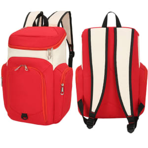 A red and cream basketball backpack with multiple compartments and adjustable straps. It features a logo.