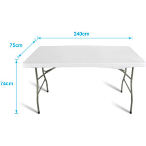 A white rectangular table with grey folding legs, measuring 240cm by 75cm.