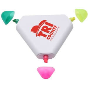 A triangular highlighter pen in white, featuring green, yellow, and pink highlighters, with a logo on one side.