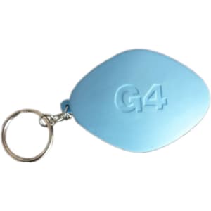 A light blue tablet-shaped stress reliever keyring with a keychain attachment. It features a branding logo on the surface.