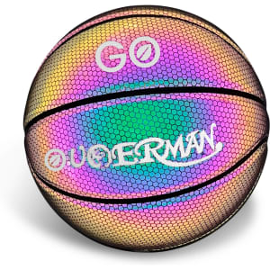 A holographic basketball displaying vibrant colours, featuring a mesh pattern and a logo.