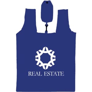 A blue foldable shopping tote bag featuring a logo and a closure mechanism at the top.