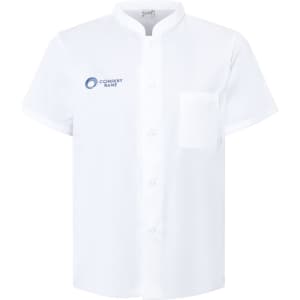 A white short-sleeved chef jacket with a single-breasted design and a pocket. It features a logo on the chest.