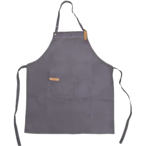 A grey poly-cotton canvas full bib apron with a neck strap and one front pocket. It includes a branding logo.