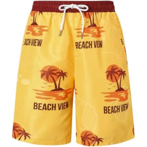 Men's polyester board shorts in yellow with a tropical print featuring palm trees, sunsets, and a logo.