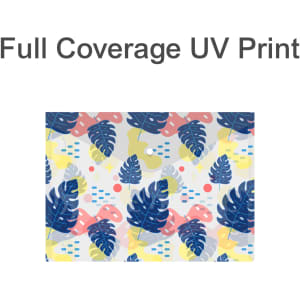 A4 clear file envelope featuring a vibrant design with leaves in blue, pink, and yellow tones. It has a logo.