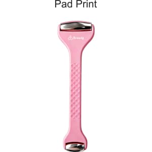 A double-headed ice massager roller in pink with a textured handle and a silver accent. It features a logo.