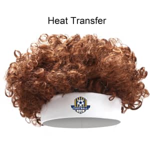 A brown curly Afro headband wig with a white band and a logo.