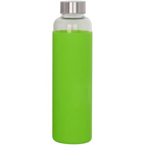 A drink bottle made of glass with a bright green silicone sleeve and a stainless steel lid.