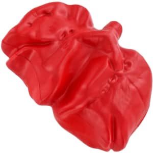 A red lung-shaped stress reliever with a smooth texture and flexible design. It includes a logo.