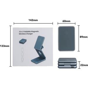 A grey, foldable wireless charger stand is displayed next to its packaging, showcasing dimensions and design.