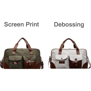 A vintage canvas duffle bag in khaki and brown with multiple pockets and a grey variant featuring brown accents.