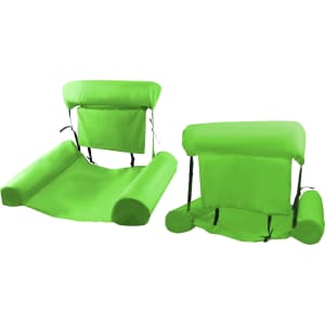 A bright green inflatable floating chair with a backrest and armrests, featuring a logo on the fabric.