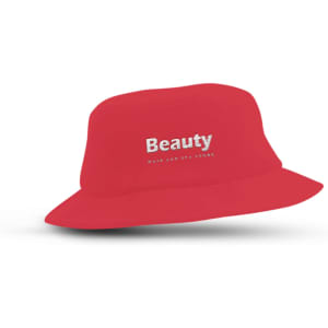 A red terry towelling bucket hat with a logo on the front, suitable for leisure and outdoor activities.