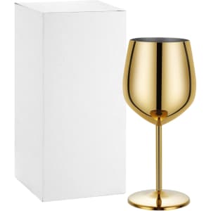 A gold stainless steel wine goblet next to a plain white box. The goblet features a sleek, polished finish.