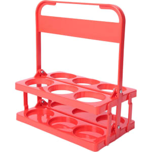 A foldable beer basket in bright red, featuring two levels with cup holders and a sturdy handle.