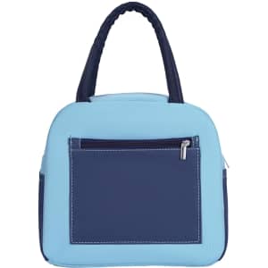 A colourful insulated lunch bag in light blue and navy, featuring a front zip pocket and sturdy handles.
