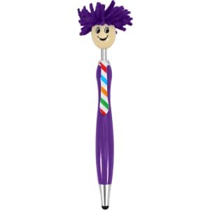 A purple pen with a smiling head and colourful hair, featuring a striped tie design. It includes a logo.