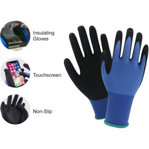 Frosted insulating gloves in blue and black, featuring touchscreen capability and a non-slip grip. Includes a logo.