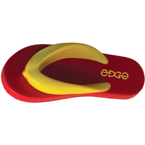 A red and yellow flip-flop shaped stress reliever with a logo on the side.