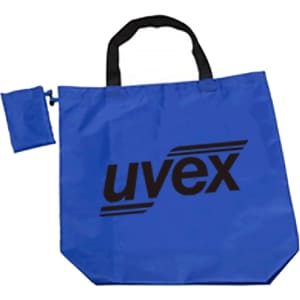 A foldaway blue shopping bag with black handles and a small matching clip pouch, featuring a logo.
