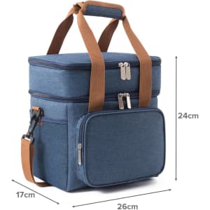 A blue 10L cooler bag with a main compartment and front zip pocket, featuring brown straps.