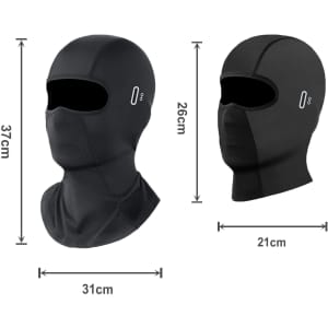 A breathable balaclava cycling face mask in black, featuring a seamless design and a logo. Measurements are included.