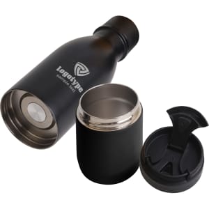 A drink bottle featuring a black stainless steel design with a detachable lid and inner cup, branded with a logo.