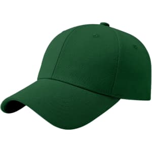 A green baseball cap with a hard top and a curved brim, featuring a logo on the front.