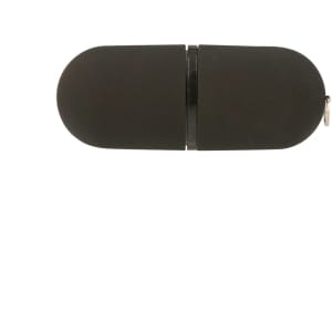 A sleek black flash drive with a rounded design and a zippered closure, featuring a logo on its surface.