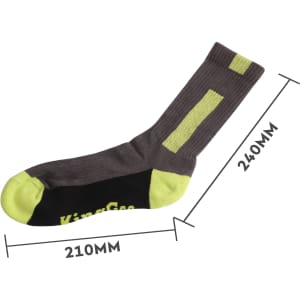 Premium crew woven work sock in grey and lime green, featuring a towel bottom. Includes a logo detail. Dimensions provided.
