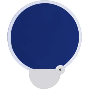 A foldable fan with a circular navy blue design and a white handle, featuring a branding logo.