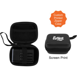 A black travel adapter in a zipped black case with a mesh pocket. The case features a logo and a hanging loop.