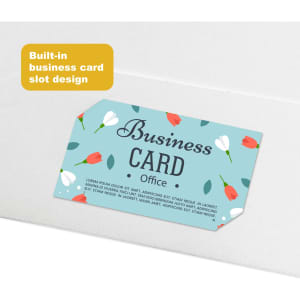 A4 full colour presentation folder with a built-in slot for a business card, featuring a floral design.