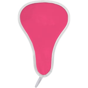 A foldable event fan in bright pink with a white border, featuring a handle and a logo.