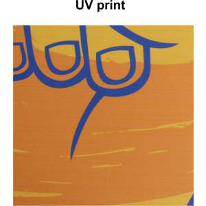 A vibrant orange fabric featuring blue UV print designs. Includes a logo or branding element.