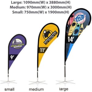 Small teardrop banner in multiple colours, featuring a logo, measuring 75cm wide and 190cm high.