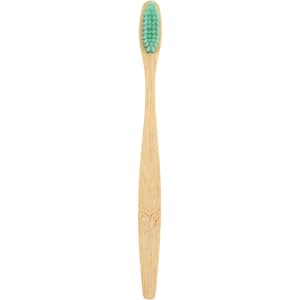 A large bamboo toothbrush with a wooden handle and a turquoise bristle head, displaying a simple logo.