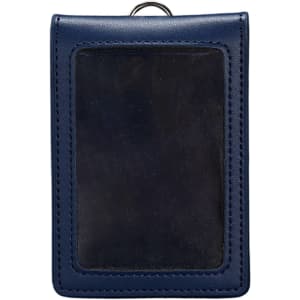 A navy PU leather ID card holder with a transparent pocket for displaying identification, featuring a simple design and a logo.
