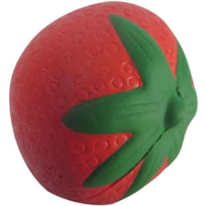 A red strawberry-shaped stress reliever with green leaves, featuring a textured surface for grip.