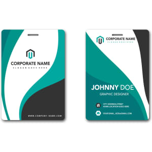 A small, unique name tag in teal and black featuring a logo, with space for a name and contact details.