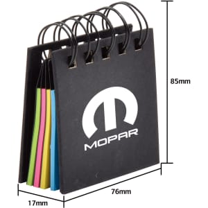 A 4-layer recycled sticky notepad in various vibrant colours, featuring a black cover and rings for binding.